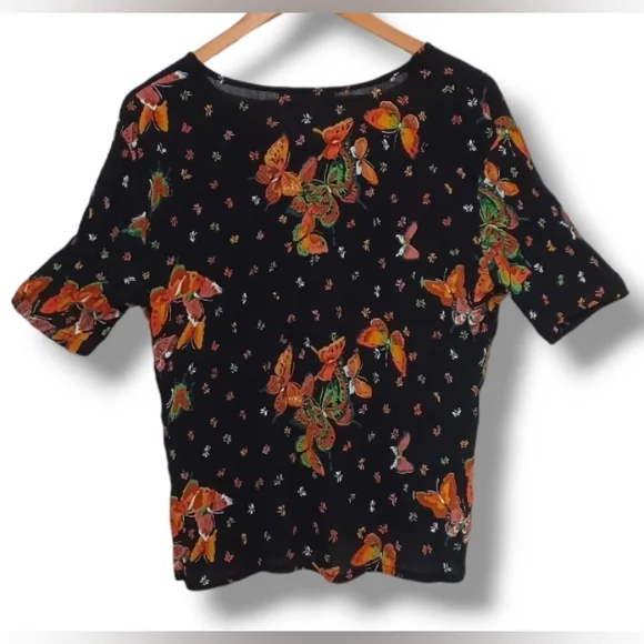 90s Butterfly Slinky Crepe Jacqueline Lauren Stretch Button Up Whimsygoth Blouse - Picture 14 of 16